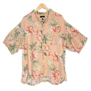 Bermuda Bay Mens sz XXL Silk Peach Floral Hawaiian Shirt Vacation Cruise